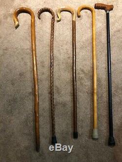 Lot Of 5 Vintage Antique Wooden Walking Sticks Canes Folk Art