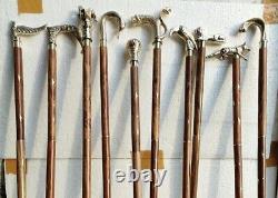 Lot of 10 Pcs Antique Brass Walking Stick Cane Different Handle Wooden Gift