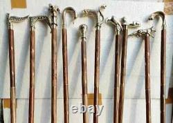 Lot of 10 Pcs Antique Brass Walking Stick Cane Different Handle Wooden Gift Deco