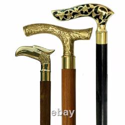 Lot of 3 Vintage Antique Walking Cane Wooden Stick Solid Brass Handle Gift