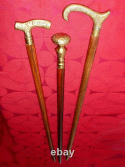 Lot of 3 Vintage Nautical Style Brass Handle Brown Wooden Walking Cane Stick