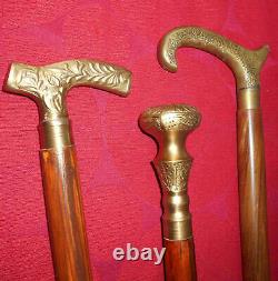 Lot of 3 Vintage Nautical Style Brass Handle Brown Wooden Walking Cane Stick