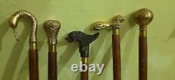 Lot of 5 Pcs Antique Brass Walking Stick Different Handle Wooden Cane Victorian
