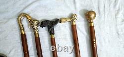 Lot of 5 Pcs Antique Brass Walking Stick Different Handle Wooden Cane Victorian