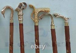 Lot of 5 Pcs Stylish Walking Stick Wooden Cane Brass Antique Design Handle Cane