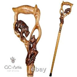 Luxury Walking Stick Cane Staff Wooden Hand Carved Crafted Bear & Gazelle mens