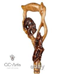 Luxury Walking Stick Cane Staff Wooden Hand Carved Crafted Bear & Gazelle mens