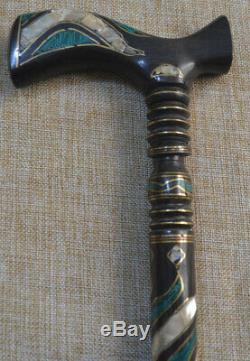 Malachite and Mother of Pearl Wooden Stick, Egyptian Ebony Wood Walking Cane