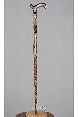 Mason Symbol Embroidered Walking Stick Handmade Snake Pattern Wooden Carved Cane