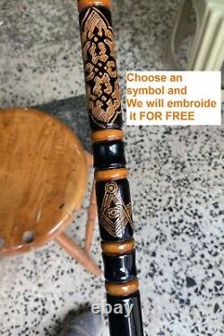 Mason Symbol Embroidered Wooden Walking Stick, Carved Cane with Staff Handle