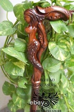 Mermaid Wooden Carved Walking Stick Cane Handmade Wood Craft Cane For Man Woman