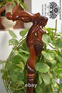 Mermaid Wooden Carved Walking Stick Cane Handmade Wood Craft Cane For Man Woman