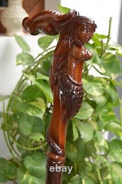 Mermaid Wooden Carved Walking Stick Cane handmade wood crafted comfortable