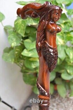 Mermaid Wooden Carved Walking Stick Cane handmade wood crafted comfortable