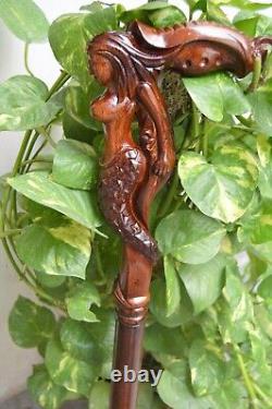 Mermaid Wooden Carved Walking Stick Cane handmade wood crafted comfortable