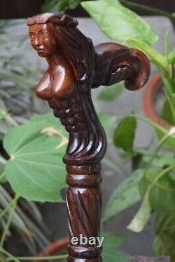 Mermaid Wooden Hand carved Cane Handcrafted Walking Stick with Ergonomic Handle