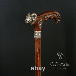 Metal walking stick cane bronze Ram Skull brass dark wooden handle, Goth style