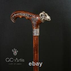 Metal walking stick cane bronze Ram Skull brass dark wooden handle, Goth style