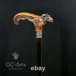 Metal walking stick cane solid brass bronze Ram Skull wooden handle black shaft