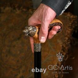 Metal walking stick wolf cane solid bronze brass wooden handle Celtic Style 36'