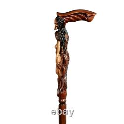 Monster Wooden Walking Stick Cane with Hand-Carved Naked Girl Detail