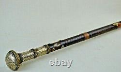 Moroccan Walking Stick Cane Brass Round Handle Handmade Wooden & Silver Plated