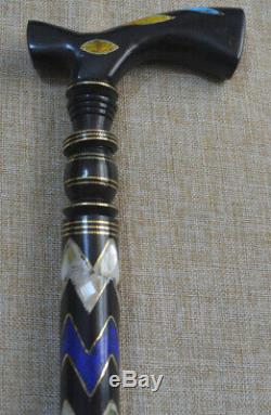 Mother of Pearl & Lapis Inlaid Wooden Stick, Egyptian Ebony Wood Walking Cane