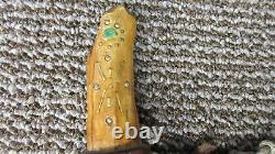 Native American Indian Brass Inlay Walking Stick Cane Carved Wood Leather Wrap