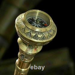 Nautical Brass Walking Stick Brass Knob Working Compass Head Handle Best Gift