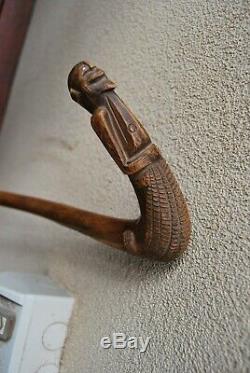 New Guinea wooden walking cane stick man being eaten by crocodile handle 1900's