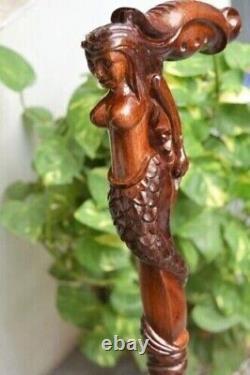 New Wooden Carved Mermaid Walking Stick Cane handmade wood crafted handle