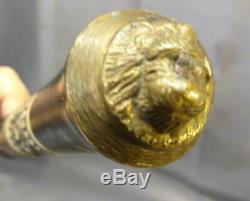 Old Sword Cane Carved Wood Walking Stick Wooden Vintage Lion's Head Handle Brass