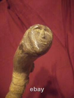 Old Vintage Hand Carved Folk Art Wooden Walking Stick Cane Carving Wood Figures