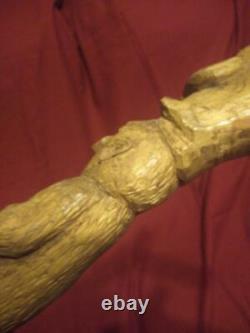 Old Vintage Hand Carved Folk Art Wooden Walking Stick Cane Carving Wood Figures