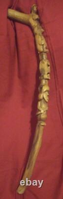 Old Vintage Hand Carved Folk Art Wooden Walking Stick Cane Carving Wood Figures