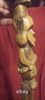 Old Vintage Hand Carved Folk Art Wooden Walking Stick Cane Carving Wood Figures