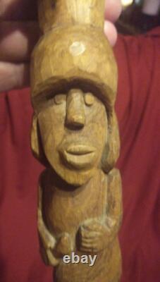 Old Vintage Hand Carved Folk Art Wooden Walking Stick Cane Carving Wood Figures