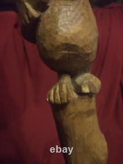 Old Vintage Hand Carved Folk Art Wooden Walking Stick Cane Carving Wood Figures