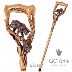 Original Walking Stick Cane Wooden Carved Crafted Grizzly Bear & Salmon GC-Artis