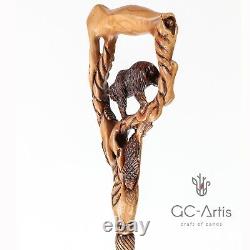 Original Walking Stick Cane Wooden Carved Crafted Grizzly Bear & Salmon GC-Artis