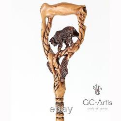 Original Walking Stick Cane Wooden Carved Crafted Grizzly Bear & Salmon GC-Artis