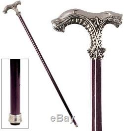 Ornate Pewter Walking Stick Cane Classic Shaft Wooden Glossy Sturdy Quality Chic