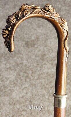 Ornately Hand Carved Rose On Wooden Cane Walking Stick 35