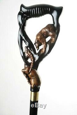 PERFECT WALKING STICK WOODEN CANE HANDMADE CARVED CRAFTED STAFF Bear and Goat