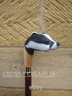 Painted Wood Carved Unique Badger Head Handle Hand Wooden Walking Stick Cane Gif