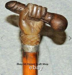 Penis Hand Head Handle Hand Carved Walking Cane Wooden Walking Stick Handmade S1