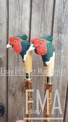 Pheasant Head Walking Stick Cane Hand Carved Wooden Bird Cane Two Piece Gift A