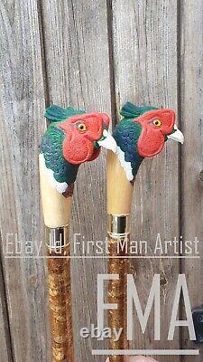 Pheasant Head Walking Stick Cane Hand Carved Wooden Bird Cane Two Piece Gift A