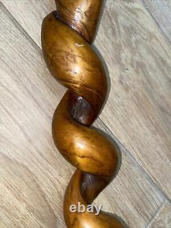 RARE VTG THICK VINE TWISTED Wooden Walking Stick WithHORN HANDLE METAL TRIM