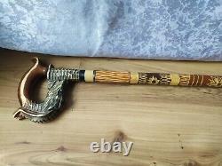 RARE Vintage antique Walking Stick wooden Cane handel Surprise goat prison art